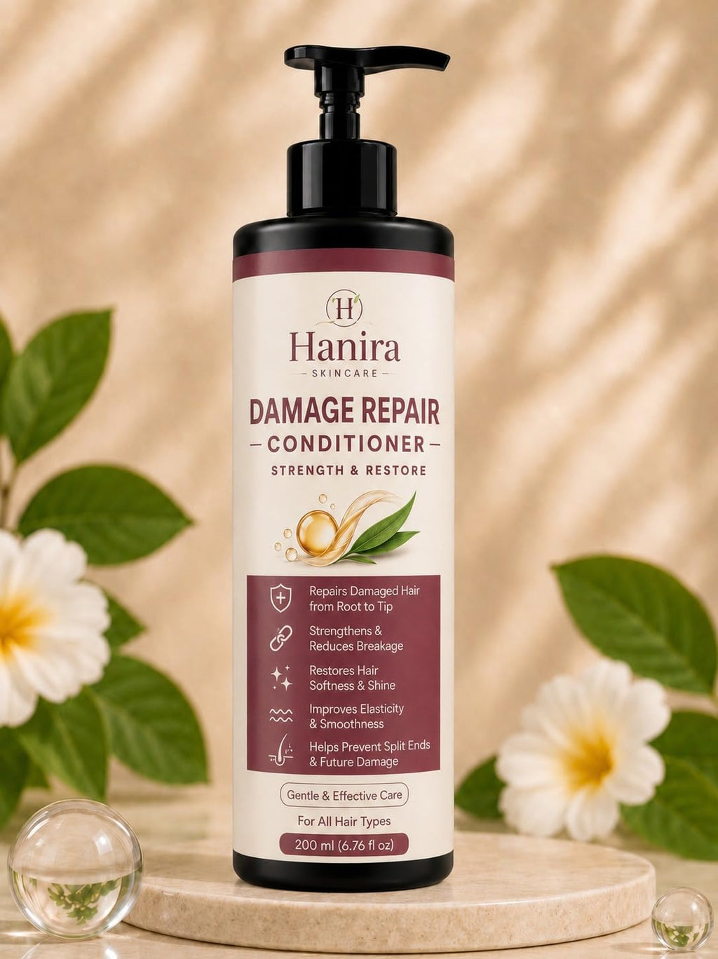 Hanira Damage Repair Conditioner for Dry & Damaged Hair, Nourishing Hair Conditioner, Helps Improve Softness & Shine, Smooth Hair Care Formula, 200ml