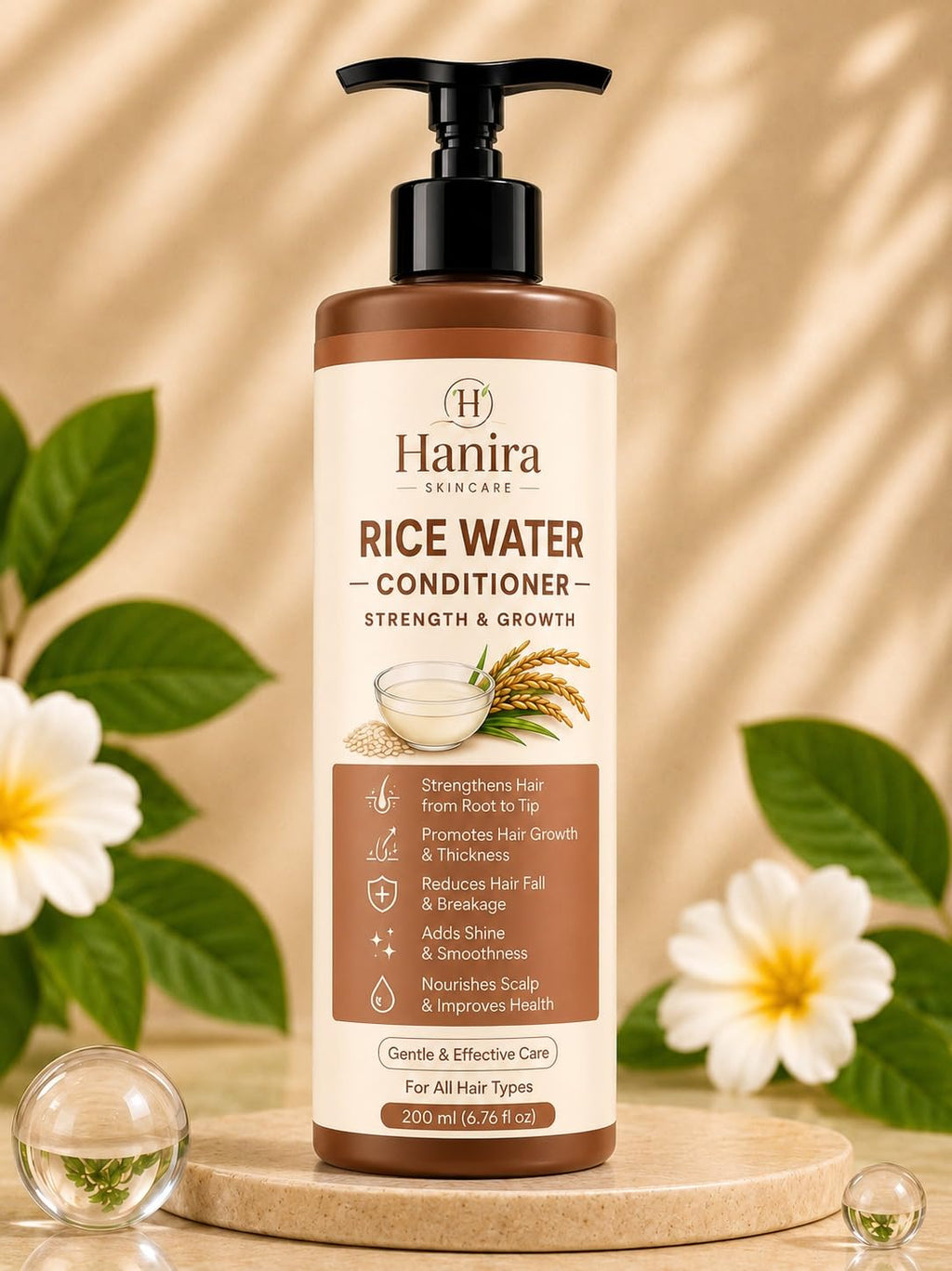 Hanira Rice Water Conditioner for Hair Strength & Smoothness, Nourishing Hair Conditioner, Helps Reduce Breakage, Adds Shine & Soft Feel, Daily Hair Care, 200ml
